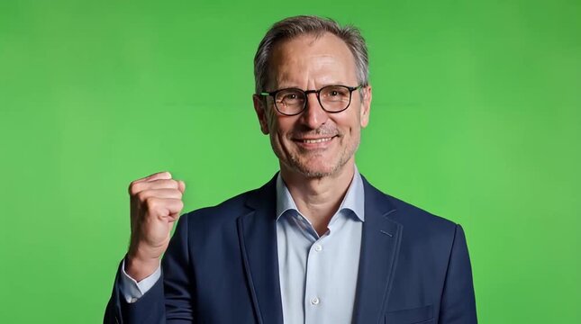 Cinematic medium shot of a mature businessman celebrating victory and posing confidently on a chroma key background