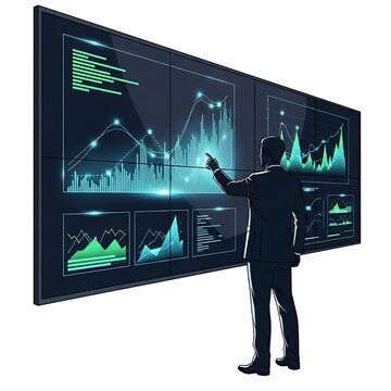 a businessman in suit pointing at large wall mounted screens displaying financial data analytics charts