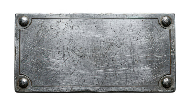 Old rustic metal plate with four bolts isolated on transparent background