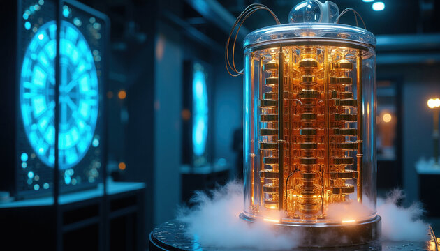 Modern quantum computer stands in dark lab research facility. Golden processor core inside glass cylinder emits warm light amidst cold liquid nitrogen fog. Advanced electronic hardware system