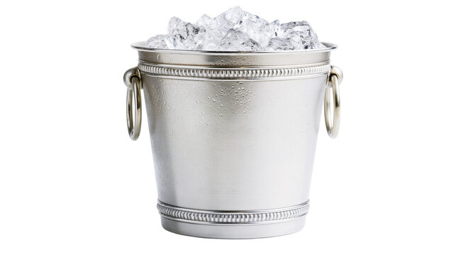Silver ice bucket filled with crushed ice cubes