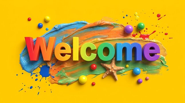 3d welcome text with colorful paint texture and starfish on yellow