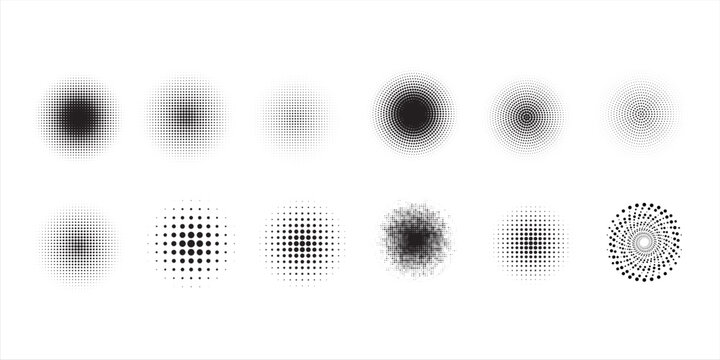 Halftone radial gradient collection. Dotted texture round patterns. Comic faded circles background set. Abstract pixelated elements for frame, poster, collage, banner, flyer. Vector cartoon bundle