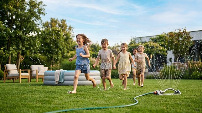 Happy children running and playing in the backyard garden with a water sprinkler on a sunny summer day.