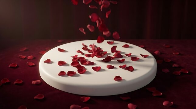 Falling rose petals on a white circular platform