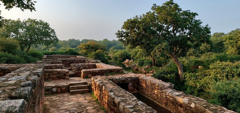 In Gujarat, weathered stone ruins of an ancient site reveal the rich cultural heritage of the Indus Valley civilization.