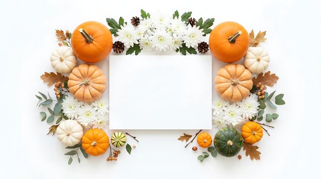 Autumn composition with pumpkins, flowers, and leaves isolated on white background