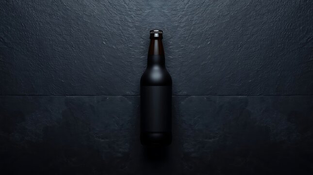 Dark beer bottle with blank label on a textured dark background, top down view.