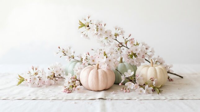 Pastel pumpkins and cherry blossom branches on white table