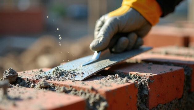 Construction worker applies cement mortar on red clay bricks with steel trowel tool. Close up view shows pro mason building wall at site. Industrial labor process provides sturdy residential