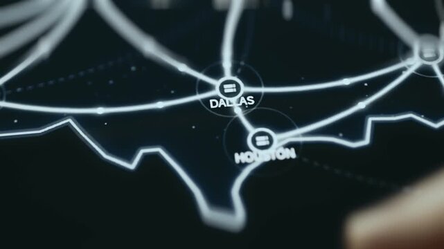Dallas And Houston Network Hub Nodes On Glowing Backbone Map Close Up