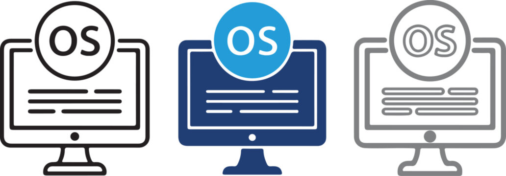 Handmade vector icon set featuring a computer monitor with operating system os text symbol illustration style