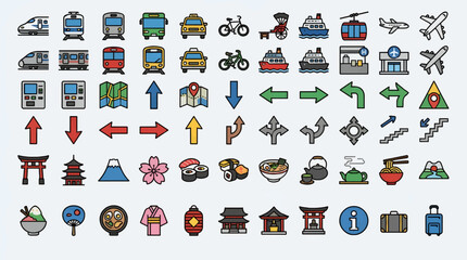 Flat Vector Icon Sheet of Japanese Tourism and Transportation Symbols, Featuring Trains, Taxis, Airplanes, Ships, Landmarks, Food, and Cultural Elements © Rasyadstudio