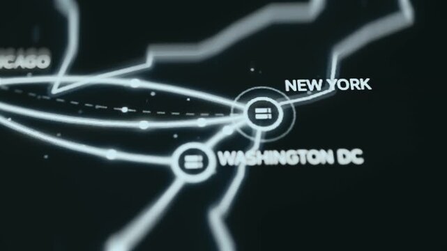 New York And Washington Hub Nodes Linked By Glowing Backbone Routes On Screen