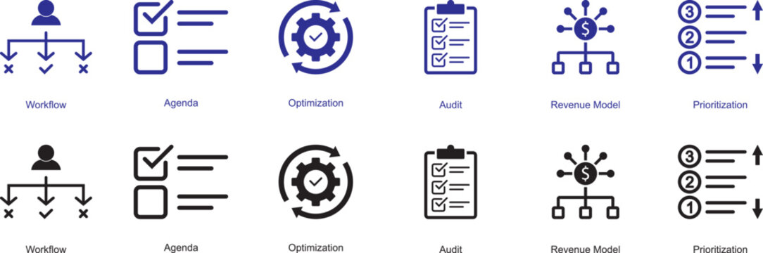 Project management and agile icon set. Vector collection including Kanban. Software development icons illustrate essential agile processes and team roles using precise monochrome line