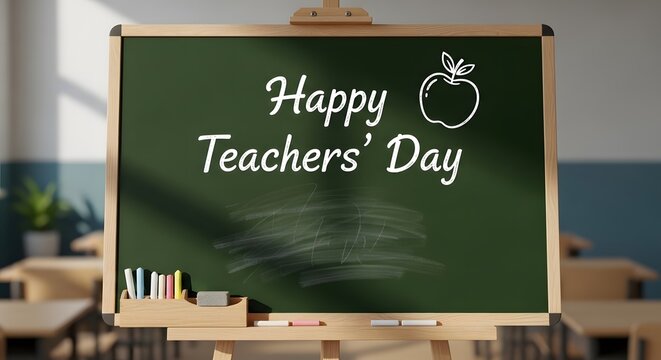 Happy teachers day chalkboard with apple illustration classroom setting