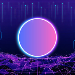 Glowing neon gradient circle floating above a cyberpunk grid with purple blue and pink light waves creating an abstract technology portal background with luminous data lines and virtual energy © ARTFUL