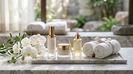 Obraz premium Skincare products on marble tray. Luxury spa cosmetics with white orchids and towels.