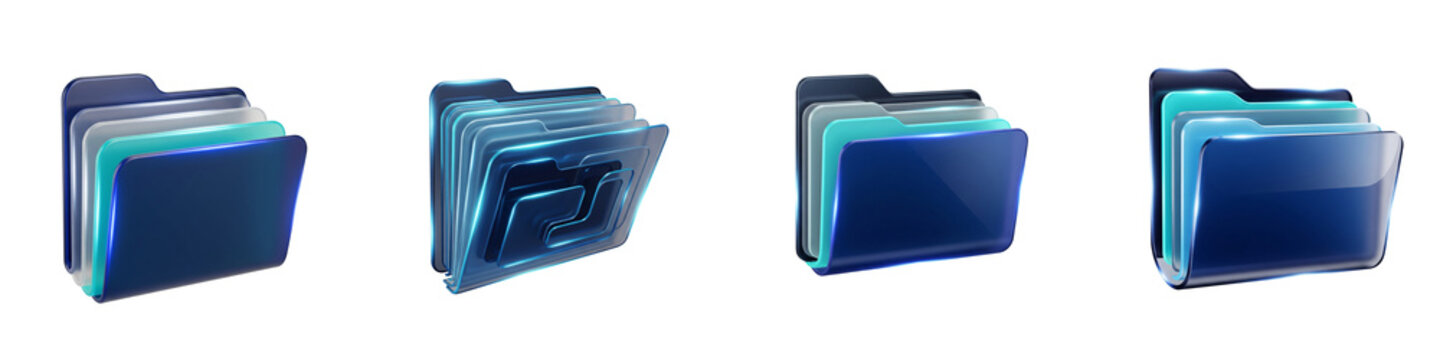 Set of glossy blue file folders for data organization on black background