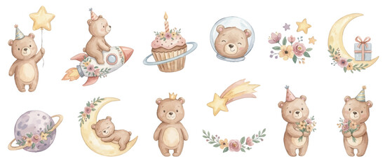 Naklejka na ściany i meble Cute watercolor teddy bears with flowers, moon and space inspired pastel designs for baby party decor. Collection of Vector illustrations for invitation, card, poster, banner, decoration