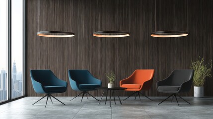 Fototapeta premium Modern waiting area featuring colorful chairs and decorative hanging lights