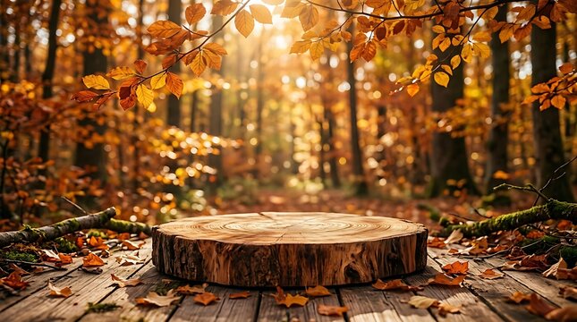 Tree stump pedestal in an autumn forest with golden leaves