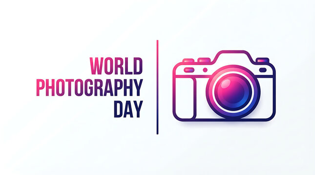 World Photography Day banner with modern camera icon, digital photography celebration graphic, vibrant purple and pink gradient camera illustration