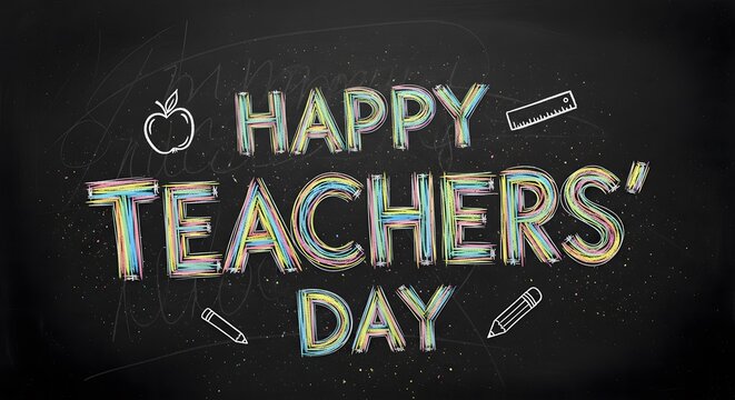 Happy teachers' day chalkboard illustration with apple and school supplies
