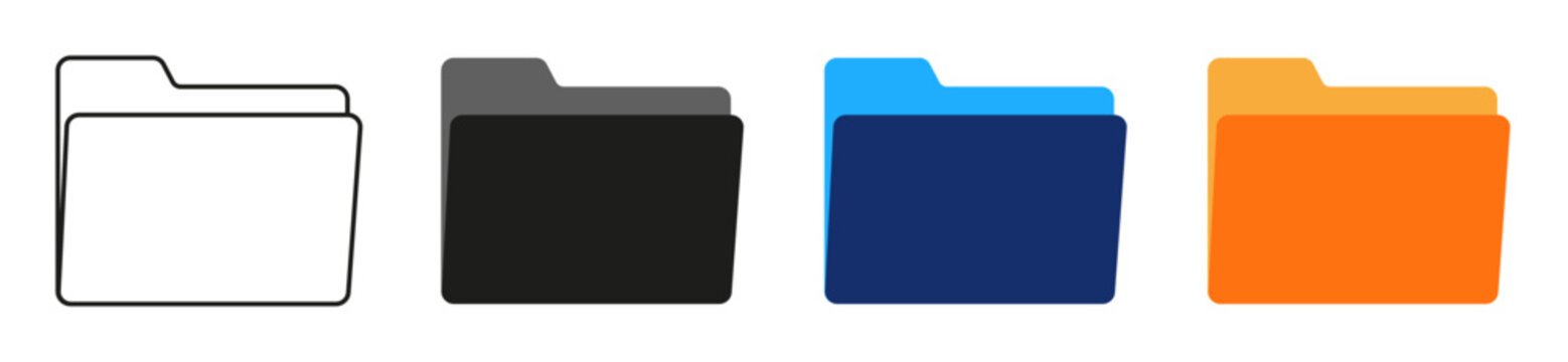 Folder icon set. File directory, document storage, archive organizer, file manager vector illustrations. Simple signs, document management, organization, desktop system. Editable icons.