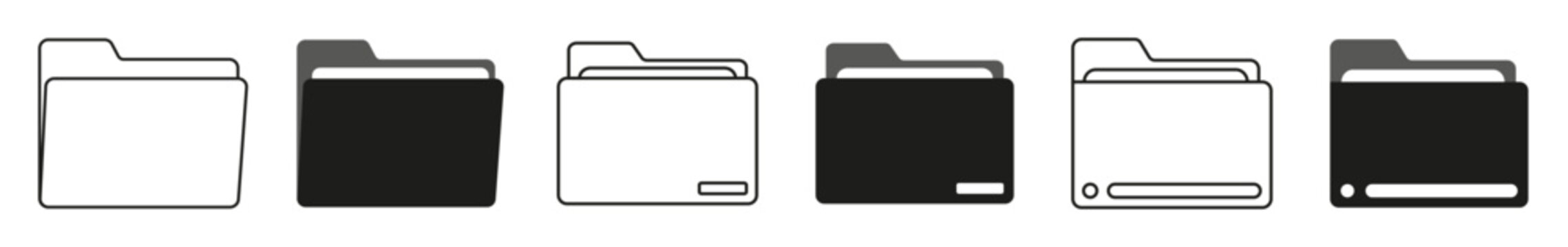 Folder icon set. File directory, archive system, data organization, and file management vector illustrations. Simple signs for digital documents, interfaces, and information storage. Editable icons.