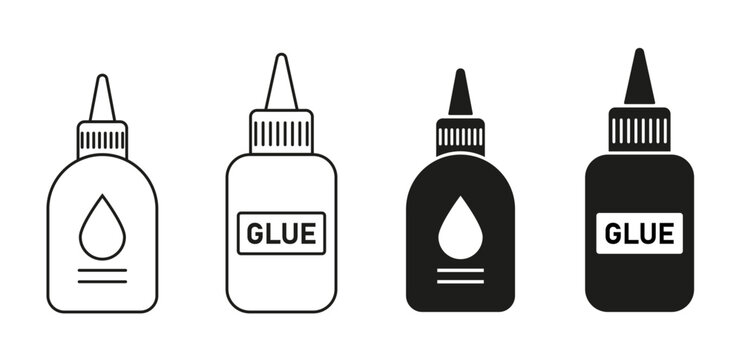 Glue icon set. Adhesive bottle, liquid glue, craft adhesive, office stationery, school supply vector illustrations. Simple signs, bonding, crafting, office and education. Editable icons.