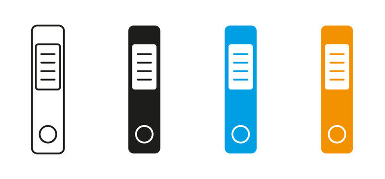 Binder icon set. Ring binder, file binder, office folder, document storage, archive organizer vector illustrations. Simple signs, file management, office organization, workspace system. Editable icons