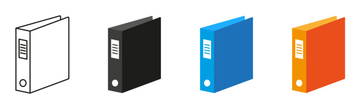 Ring binder icon set. Lever arch file, office binder, document storage, archive organizer vector illustrations. Simple signs, file management, office organization, workspace system. Editable icon.
