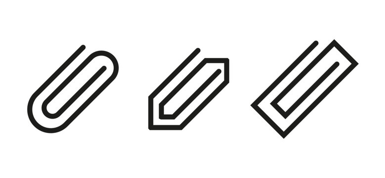 Paper clip icon set. Attachment, document clip, binder clip, office stationery, fastener vector illustrations. Outline signs, file organization, document management, office supplies. Editable icons.