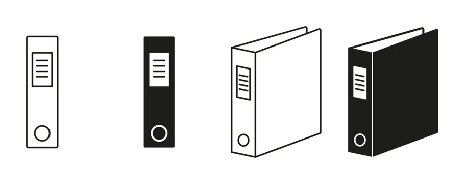 Office binder icon set. Ring binder, lever arch file, document storage, archive organizer vector illustrations. Simple signs, file management, office organization, workspace system. Editable icons.