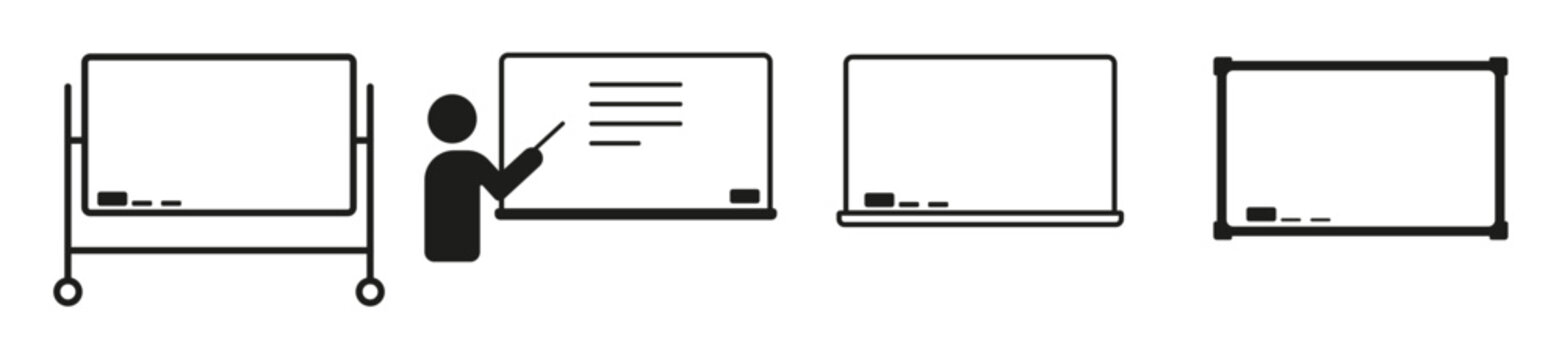 Whiteboard icon set. Writing board, presentation board, classroom whiteboard, teaching display, interactive board vector illustrations. Simple signs for education and  presentations. Editable icons.