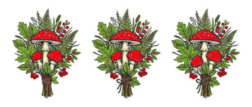 Repeating Mushroom and Foliage Bouquets Illustration