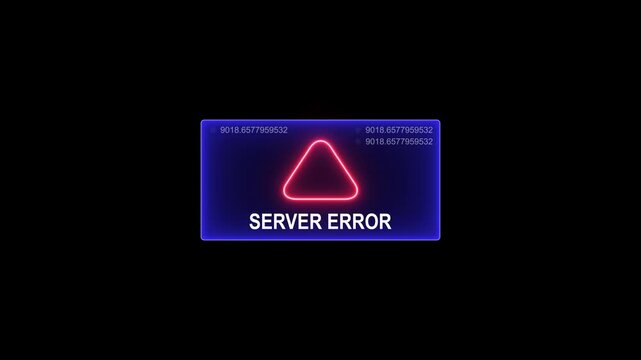 Server error glitch animation with neon warning sign and digital data overlay for cyber security and technology concepts
