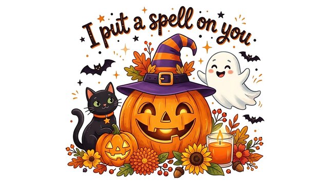 Halloween illustration with pumpkin, witch hat, cat, ghost, and candle