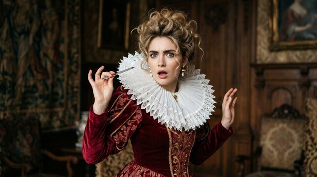 Surprised aristocratic woman in elegant Renaissance attire inside a historic mansion, capturing theatrical emotion and luxury
