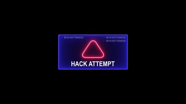 Cyber security hack attempt alert with digital glitch effect and neon warning sign