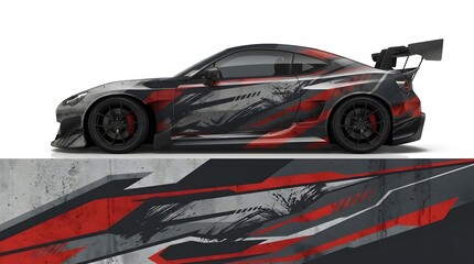 Naklejka premium Modern Sports Car with Aggressive Red and Gray Abstract Graphic Wrap, Sports Car Design Mockup, Automotive Vinyl Sticker
