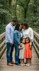 Fototapeta premium A family of four, two adults and two young girls, embrace affectionately on a wooden bridge surrounded by lush greenery, symbolizing love and togetherness
