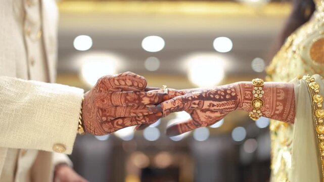 Groom sliding a wedding ring onto the bride's finger with beautiful henna mehndi designs.