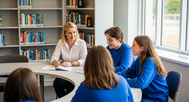 Students and teacher in library, learning session, education, knowledge, books, discussion, study, teamwork, advice