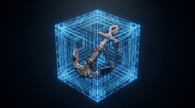 Digital anchor encased within a glowing wireframe cube, symbolizing blockchain security, data integrity, and the steadfast foundations of modern technology in a futuristic cyberspace concept