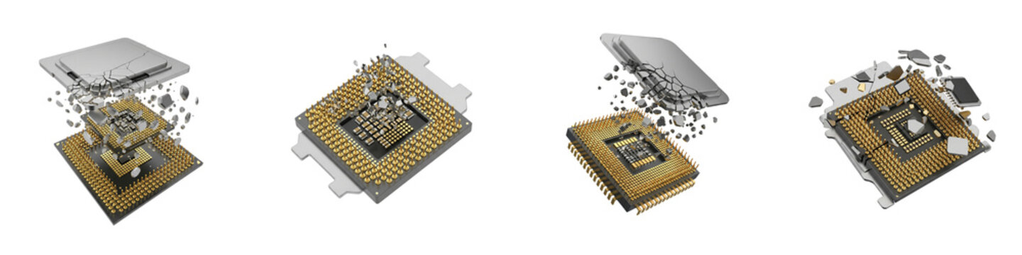 Shattered computer processor units showing CPU hardware failure on black