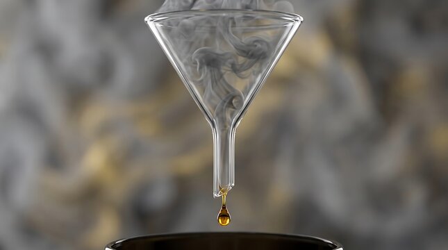 Ethereal conceptual image of a glass funnel filtering smoky textures into a single pure drop of golden essence