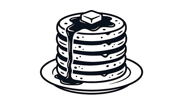 Minimalist Black and White Vector Illustration of a Delicious Stack of Fluffy Breakfast Pancakes Topped with Melting Butter and Maple Syrup