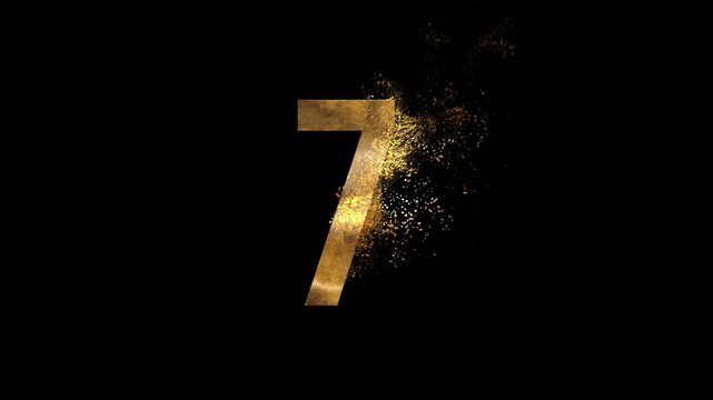 Beautiful Golden Number 7 with golden particles and transparent background, golden number seven
